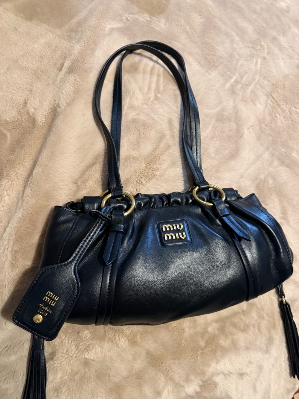 Miu Miu Black Leather Double-Handle Shoulder Bag with Gold Hardware